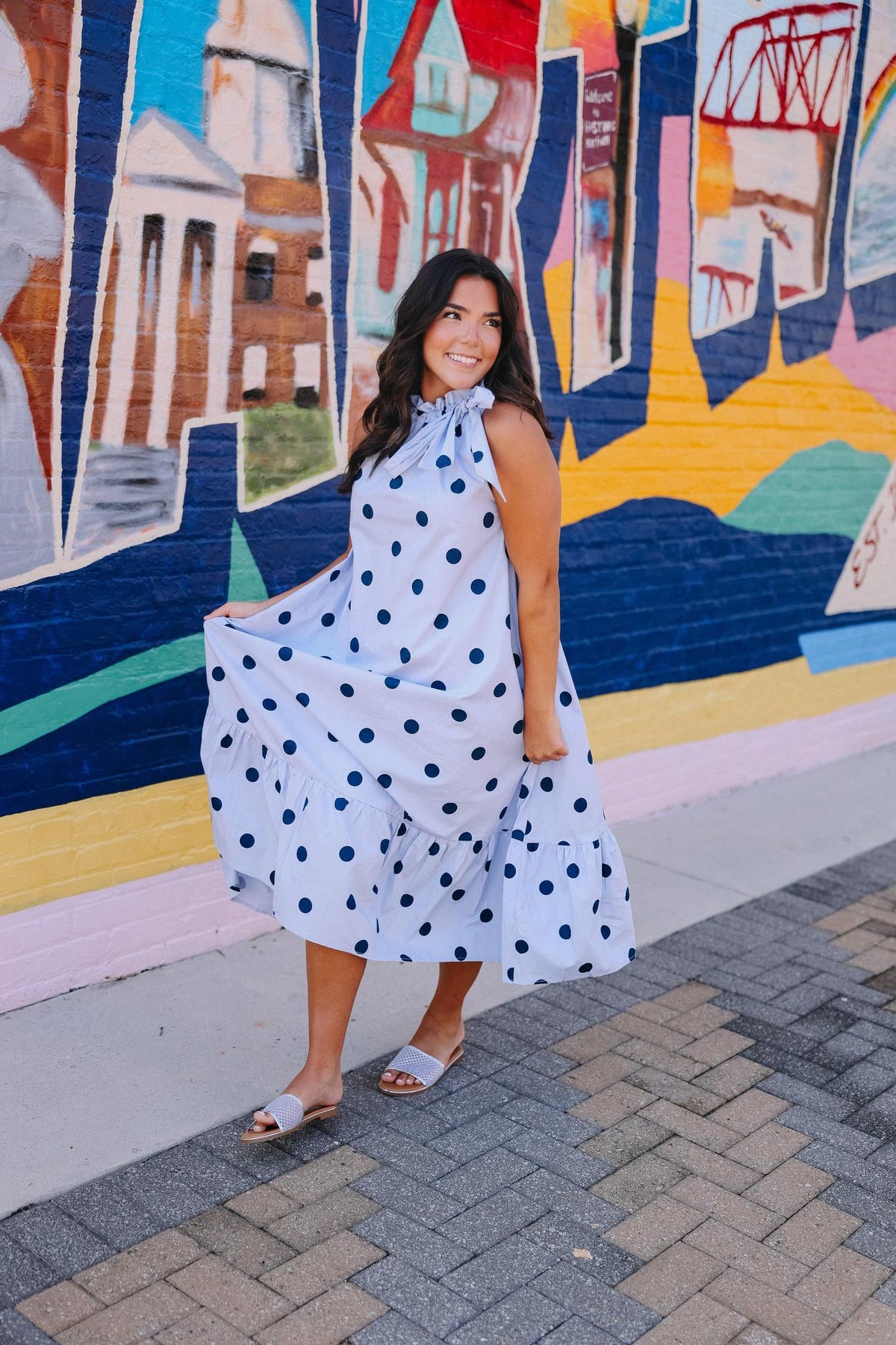Blue Polka Dot Midi Halter Dress