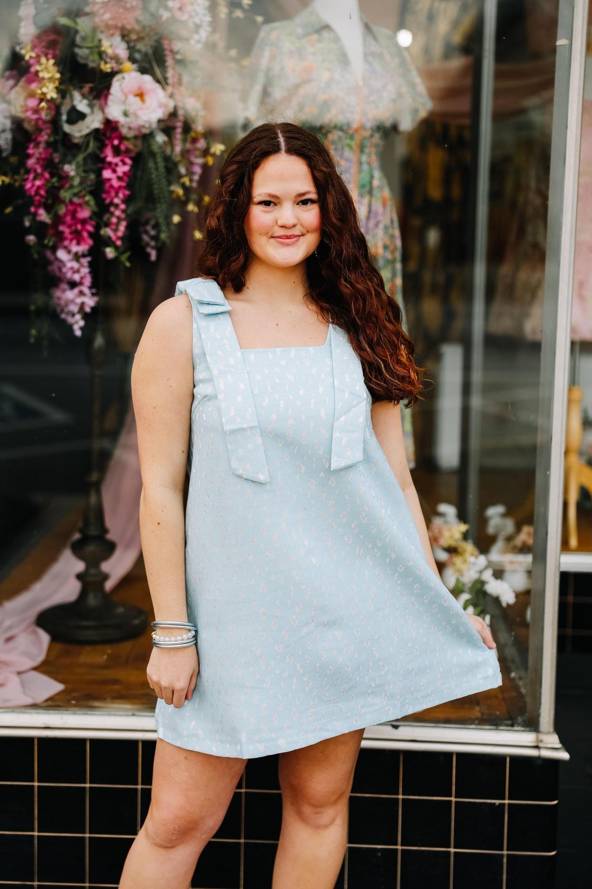 Dusty Blue Bow Shift Dress