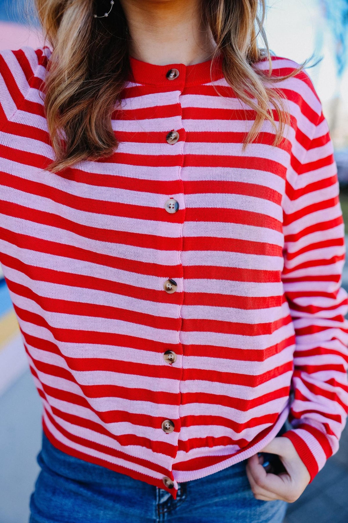 Pink and Red Striped Button Front Cardigan