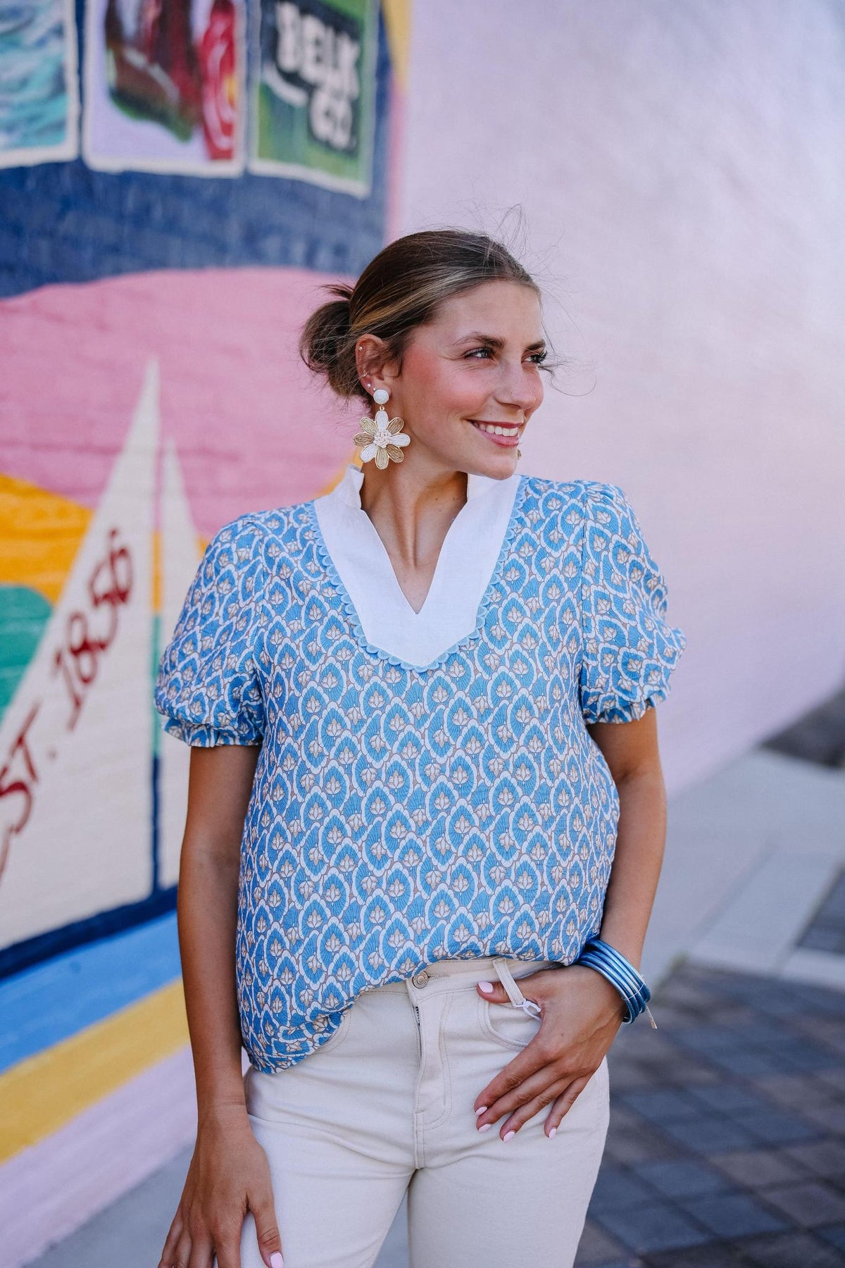 Blue Vintage Print Puff Sleeve Top
