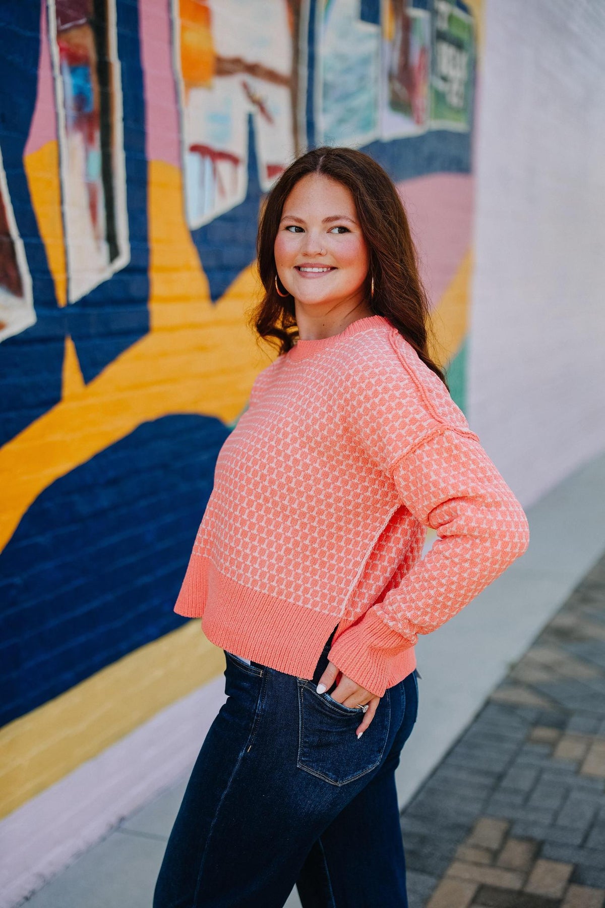 Coral Geometric Check Sweater