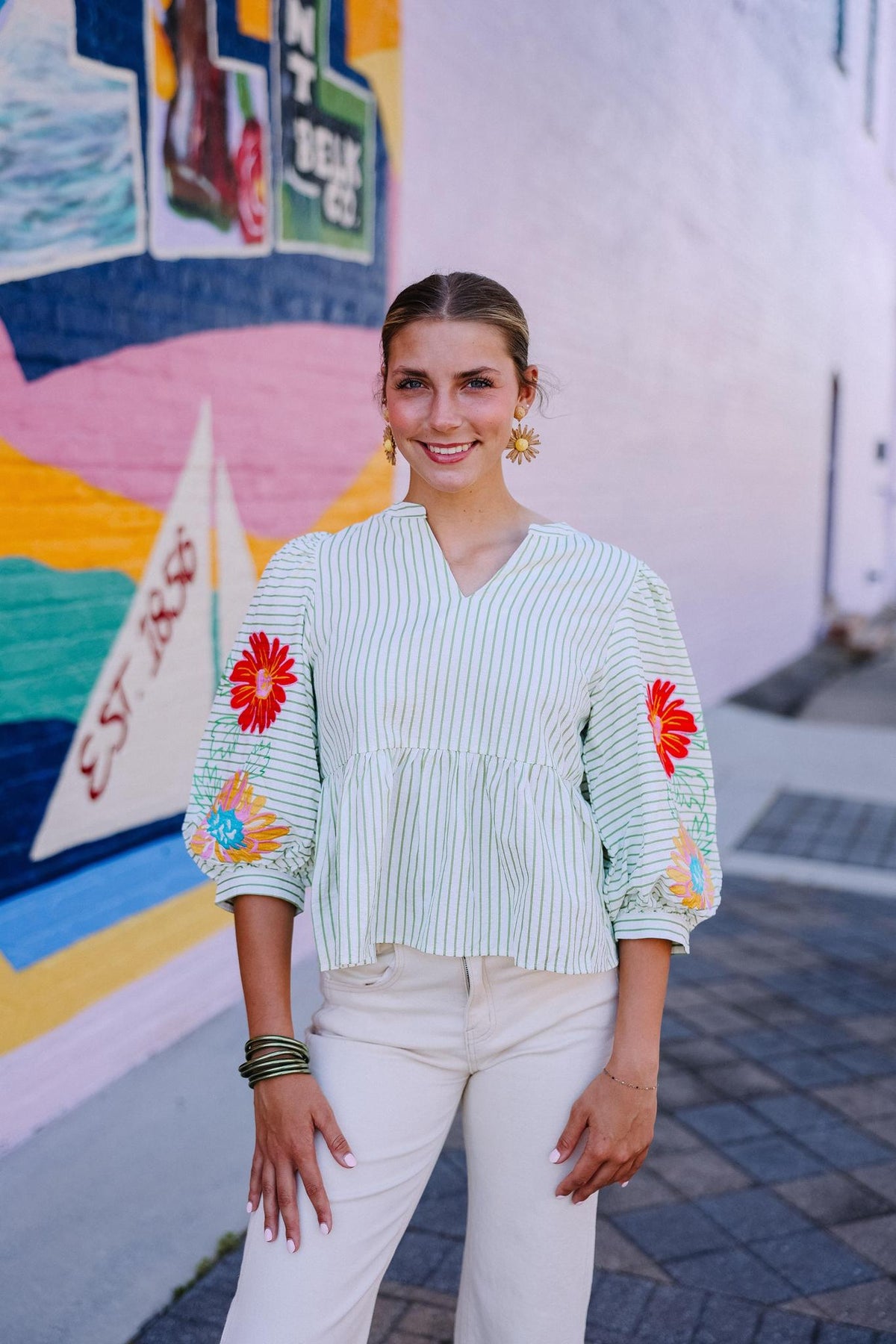 Olive Stripe Floral Embroidered Puff Sleeve Top