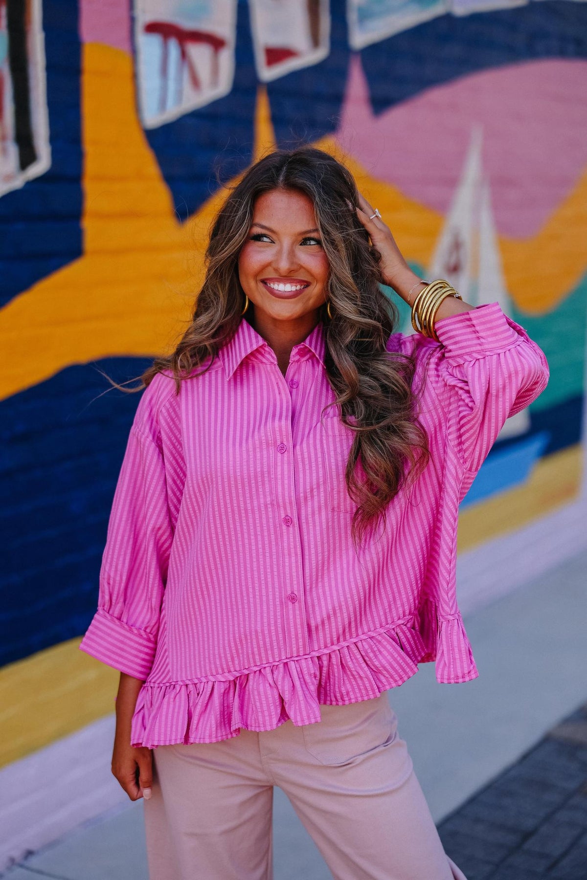 Pink Striped Ruffle Top