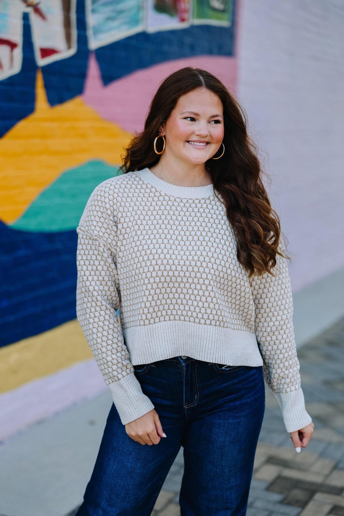 Tan Geometric Check Sweater