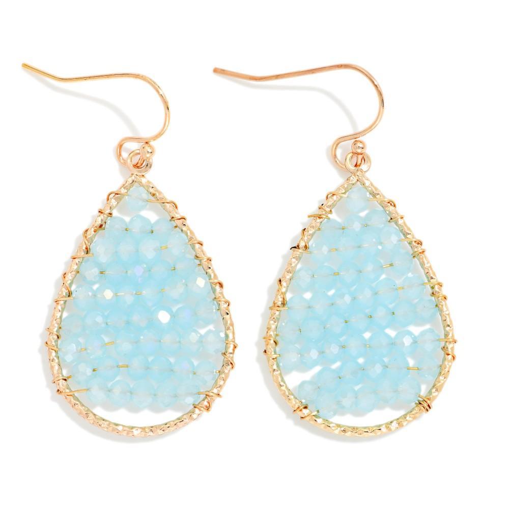 Blue Wire Wrapped Beaded Teardrop Earrings
