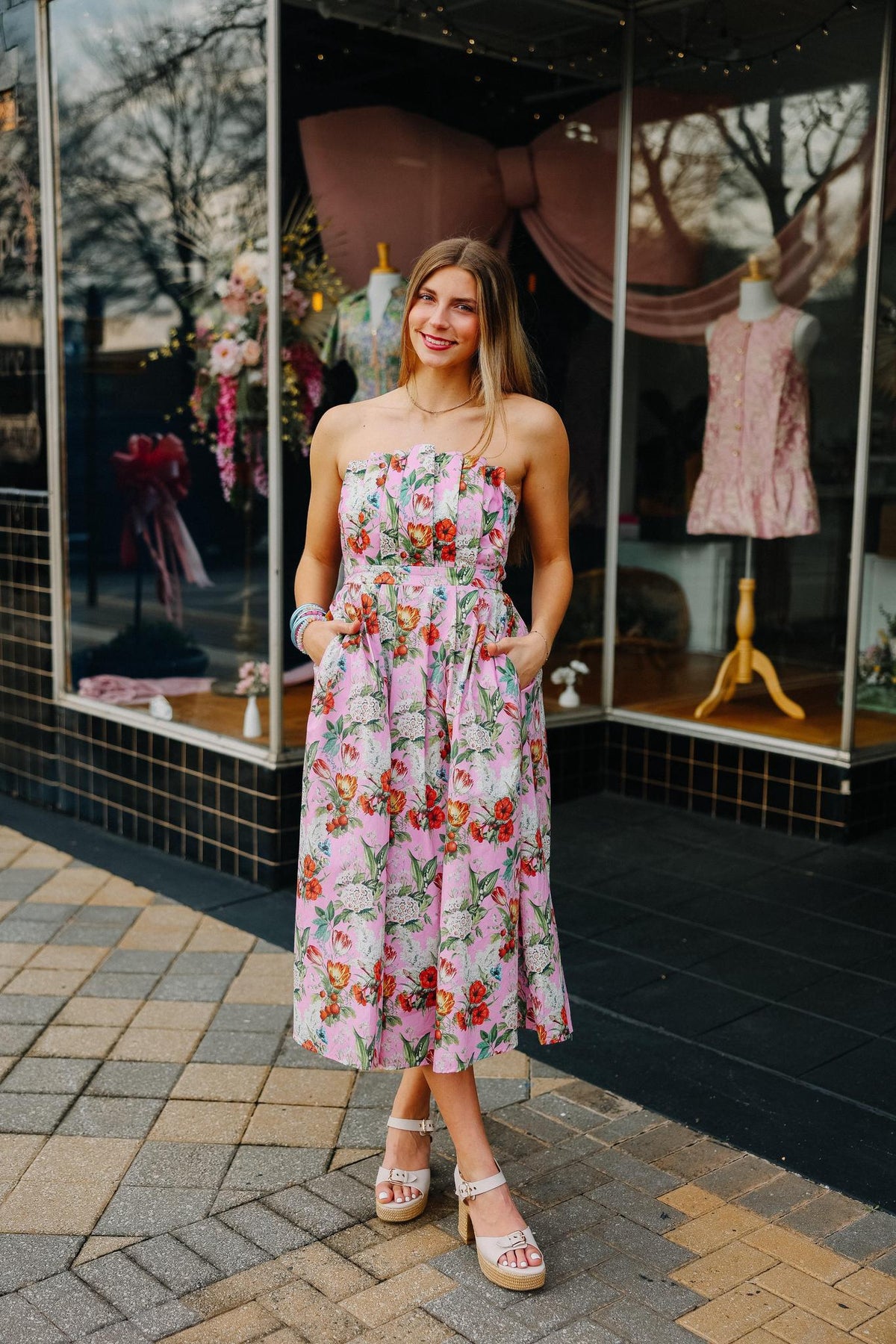 Pink Floral Spring Midi Dress