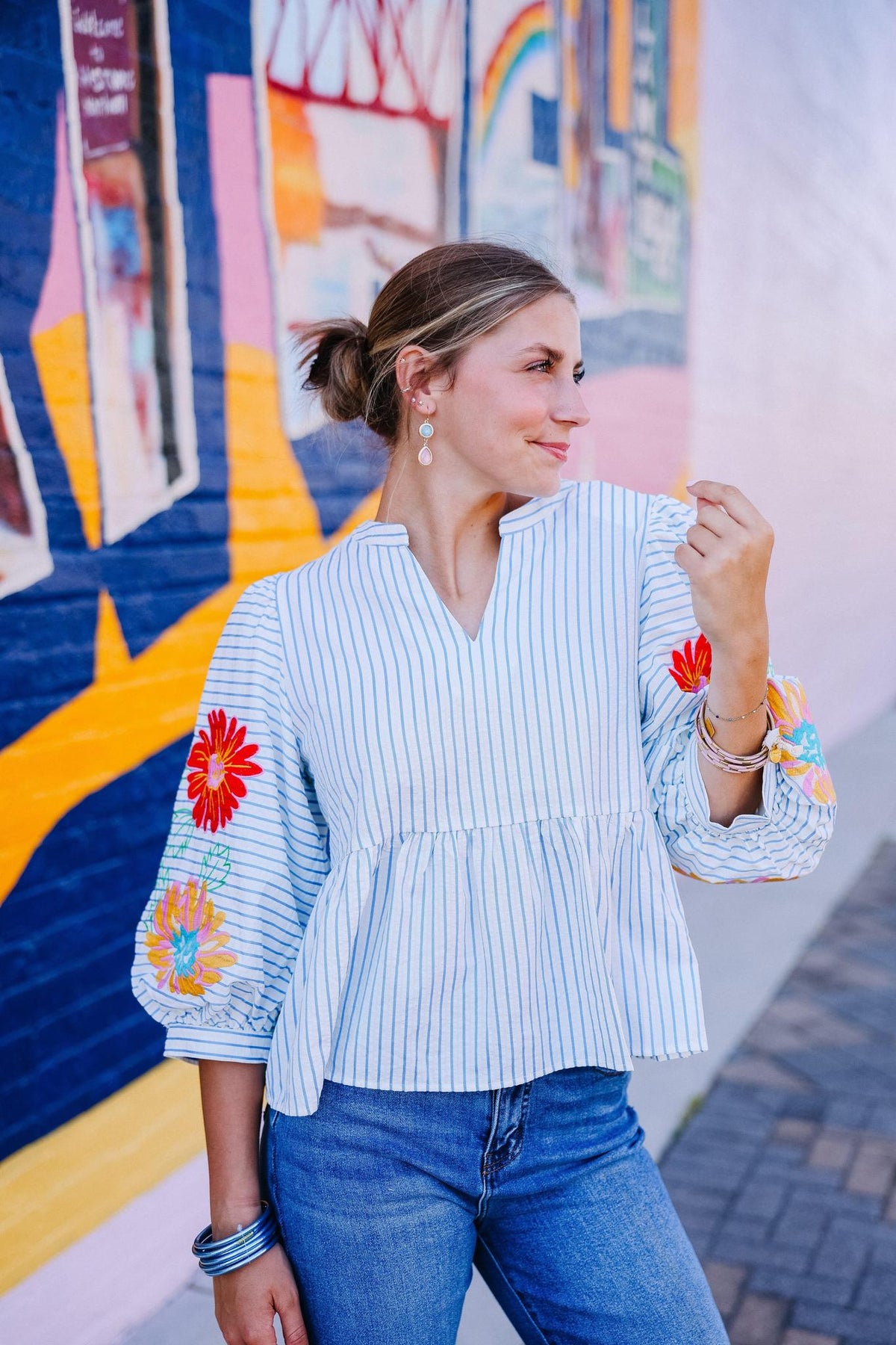 Blue Stripe Floral Embroidered Puff Sleeve Top