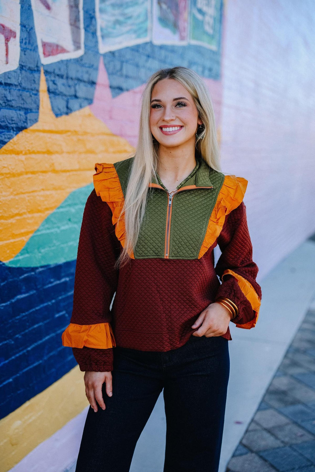 Fall Color Block Ruffle Top