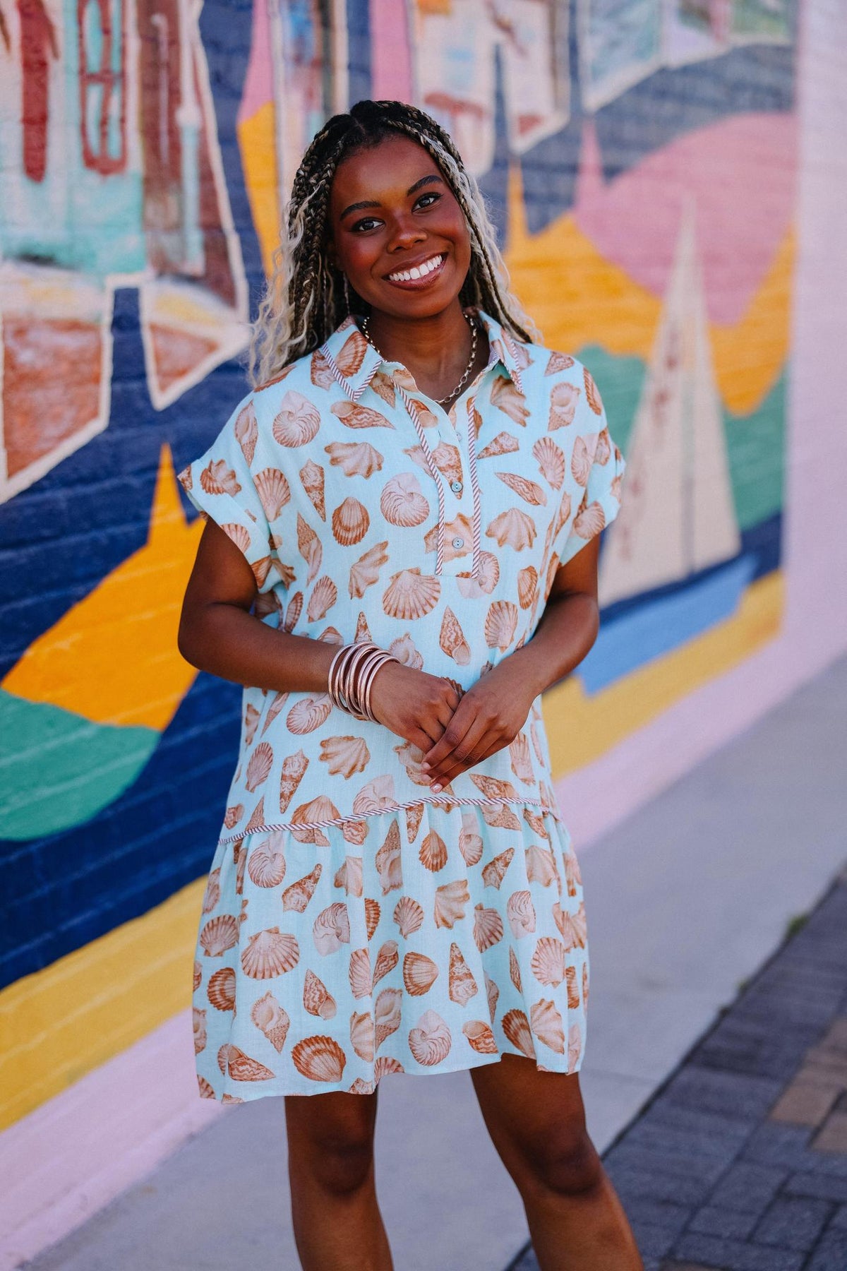 Shell Print Aqua Blue Mini Dress