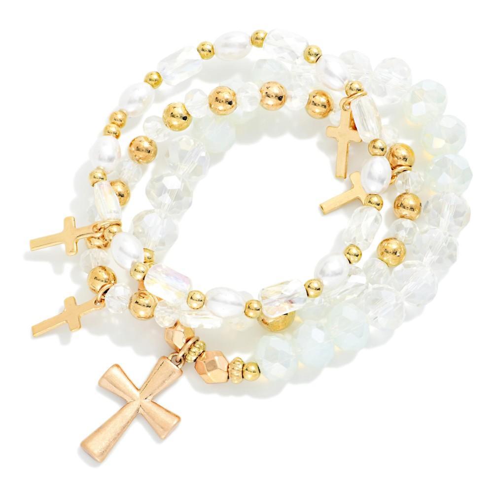 White and Pearl Bracelet Set with Cross Charms