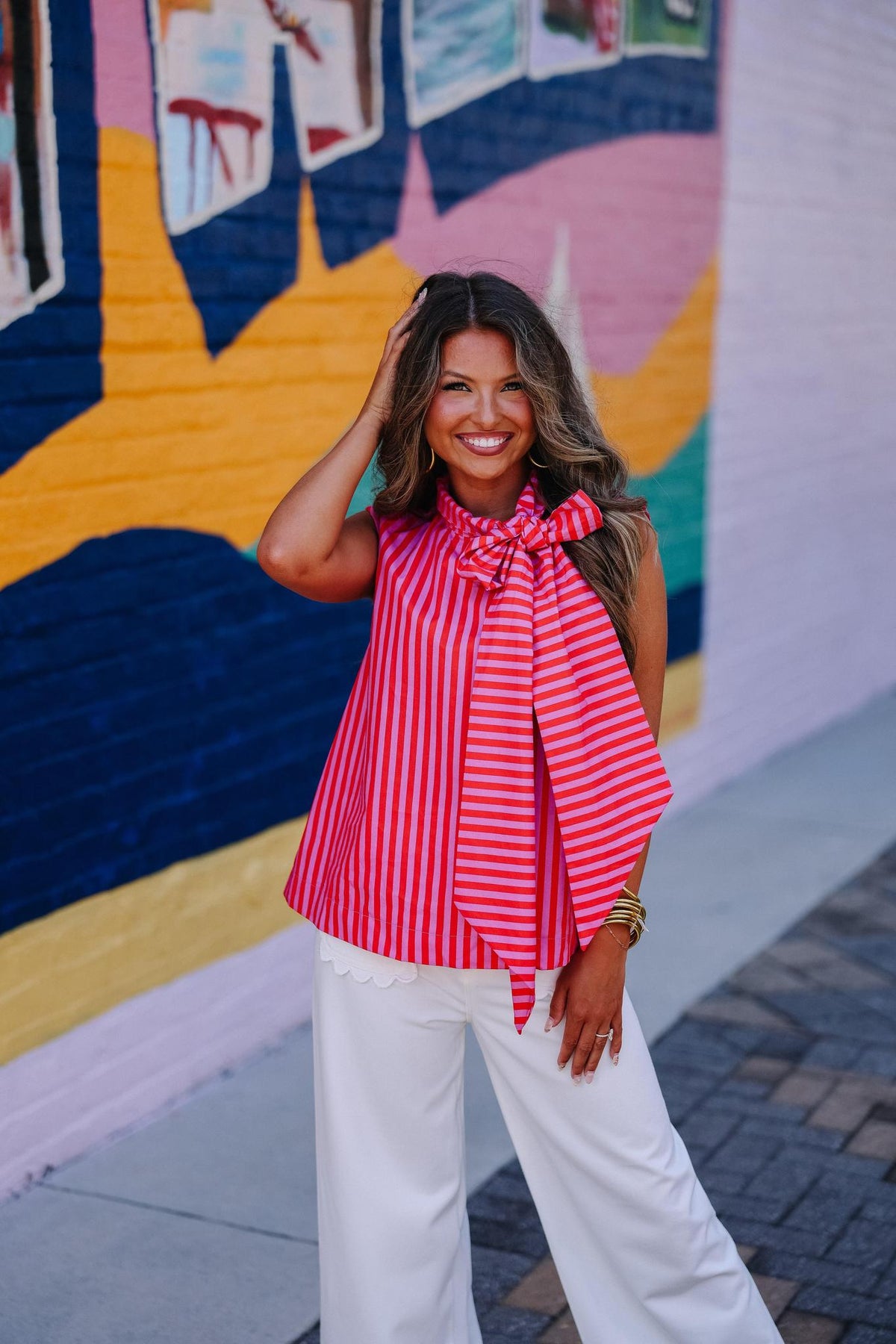 Tie Neck Striped Top