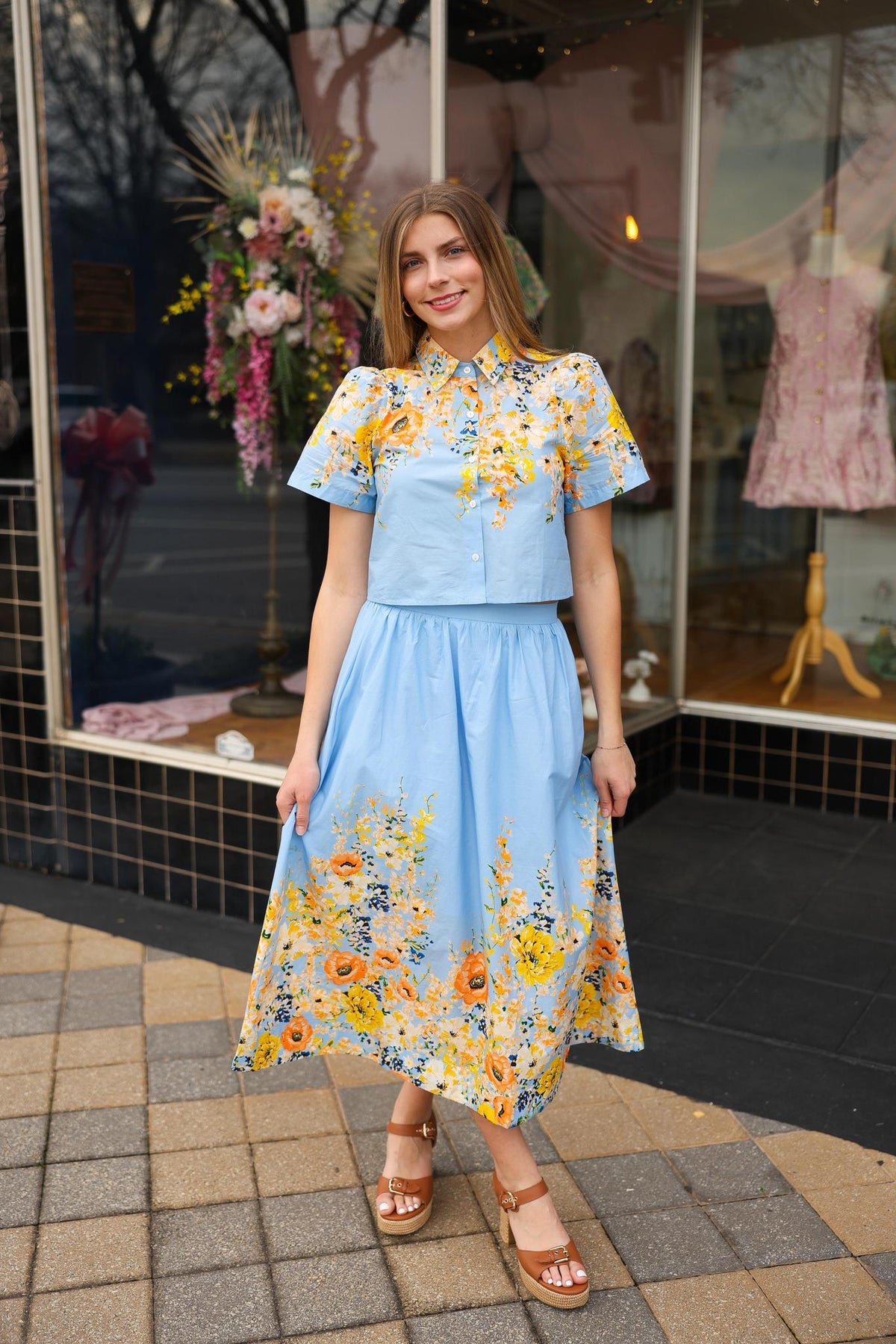 Blue Floral Two Piece Midi Set
