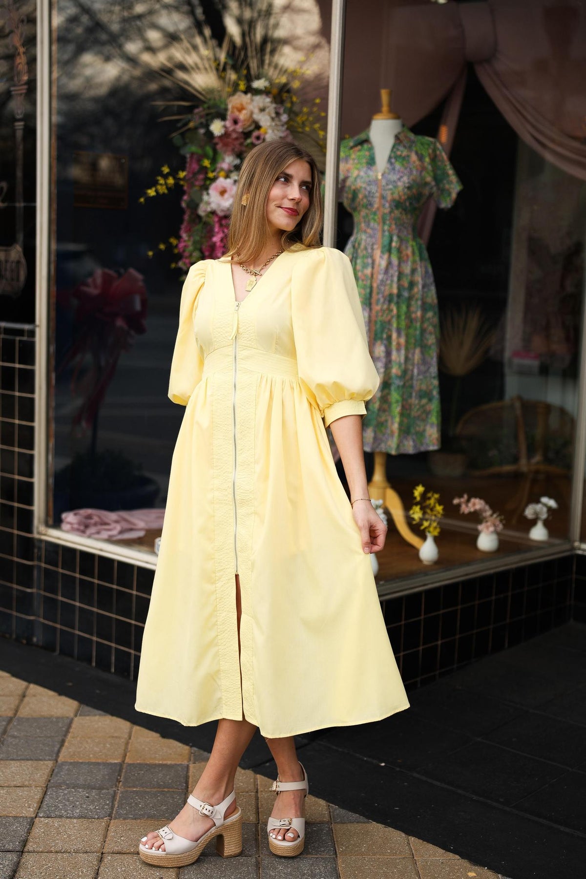Yellow Puff Sleeve Zipper Front Midi Dress
