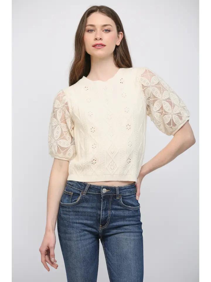 Cream Embroidered Knit Top