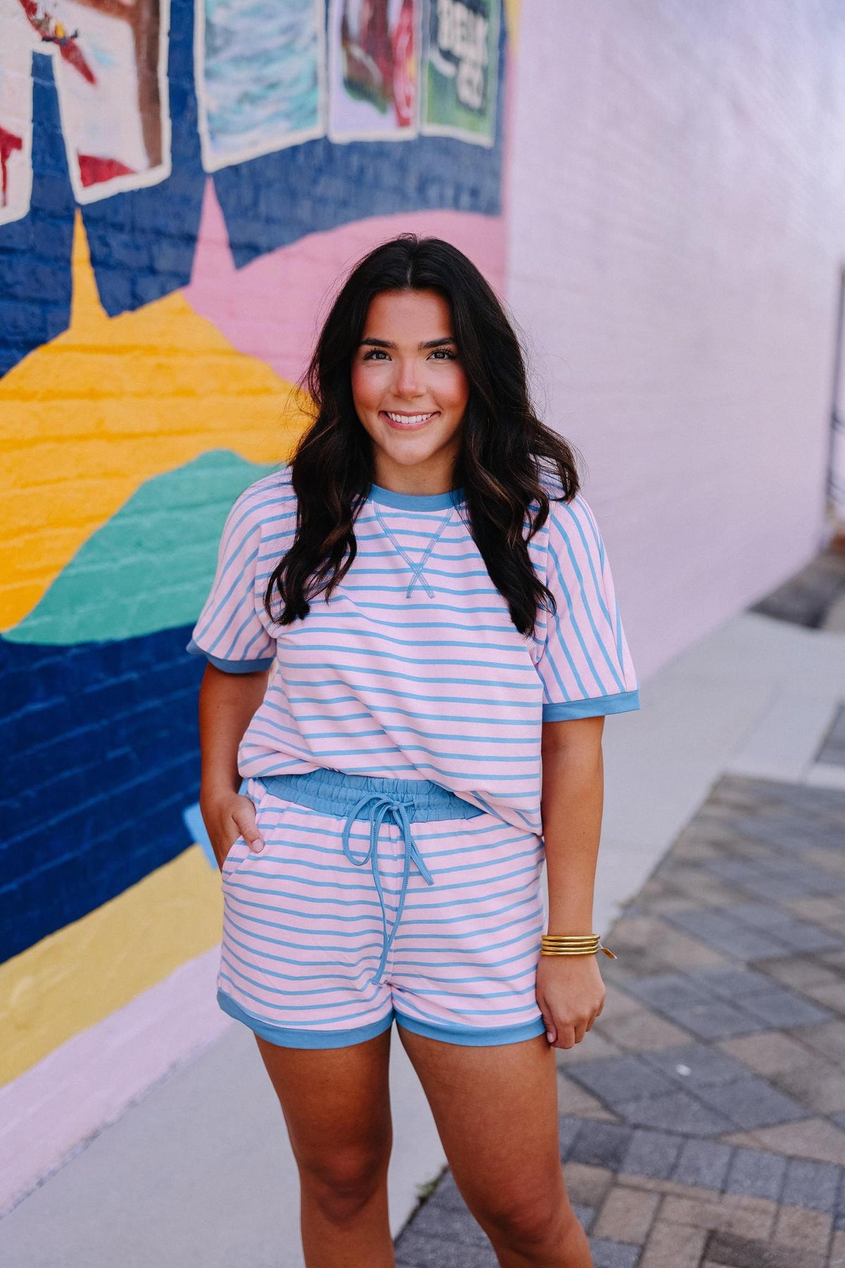Pink & Blue Striped Short Set