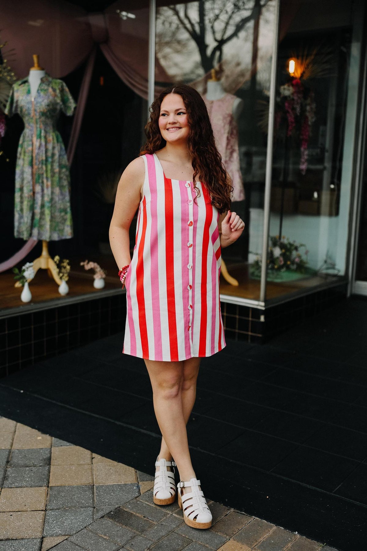 Pink and Red Striped Button Front Mini Dress