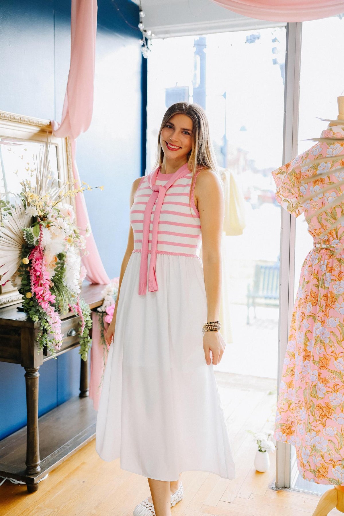 Blush Stripe Tie Neck Midi Dress