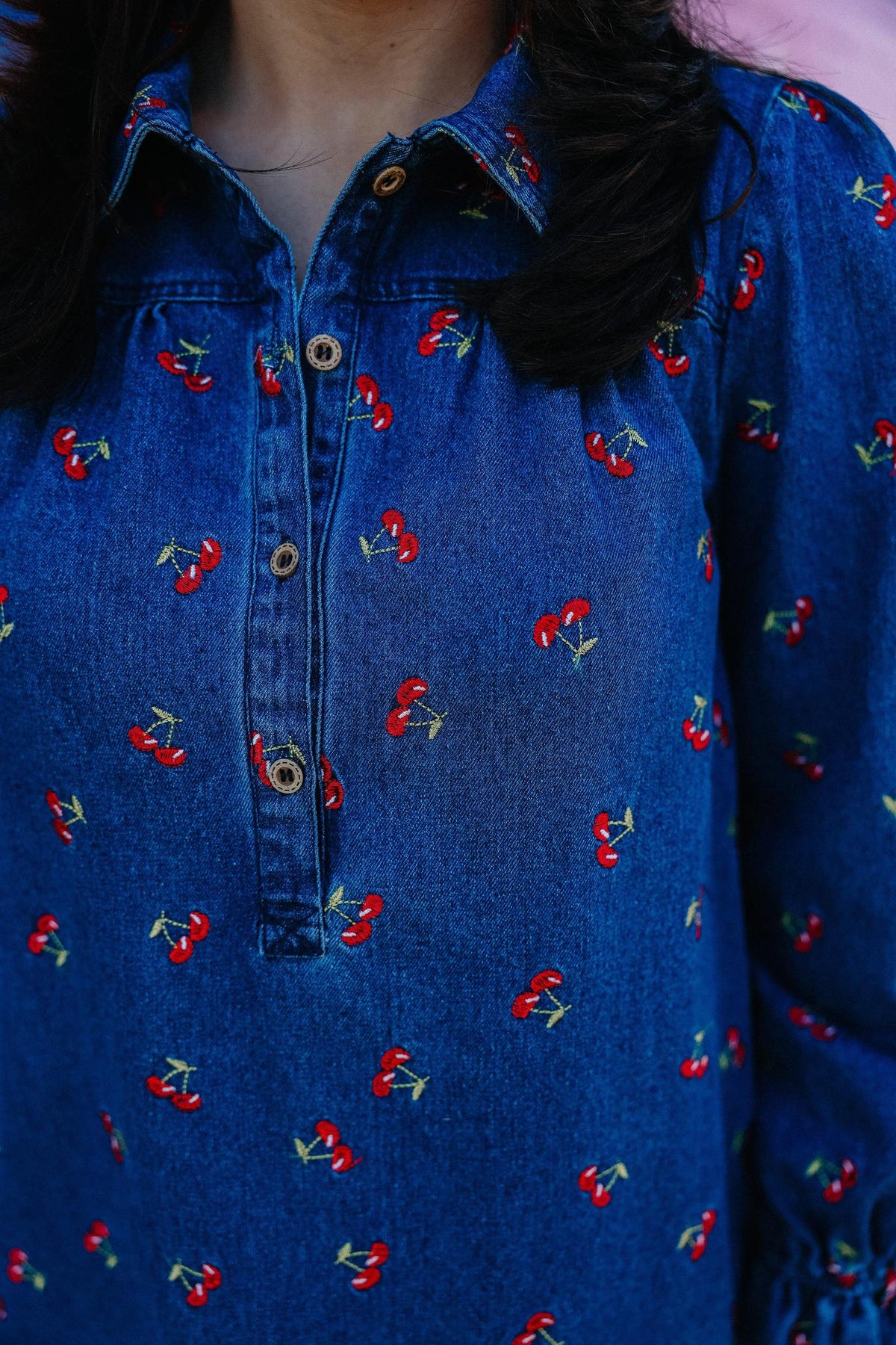 Cheerful Cherry Denim Dress