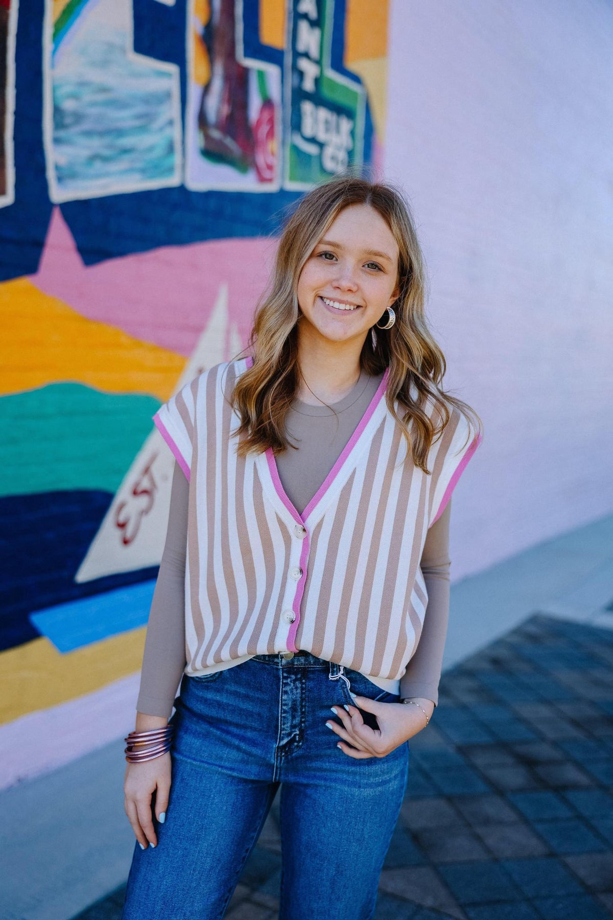 Taupe & White Striped Sweater Vest with Pink Trim