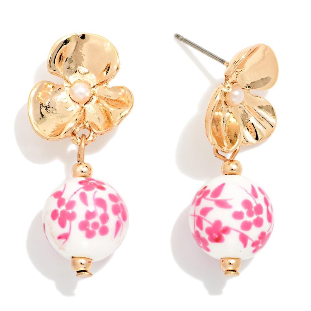 Gold Flower Earrings with Pink Chinoiserie Bead