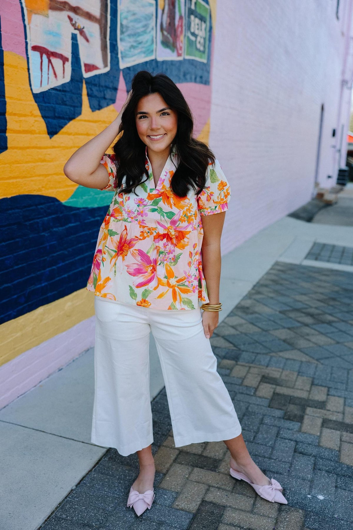 Ruffled V-Neck Puff Sleeve Print Top