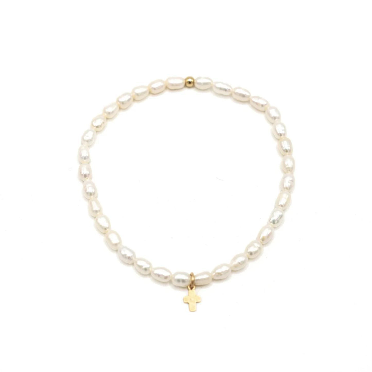 Rice Pearl Waterproof Bracelet with a Gold-Filled Luxe Cross