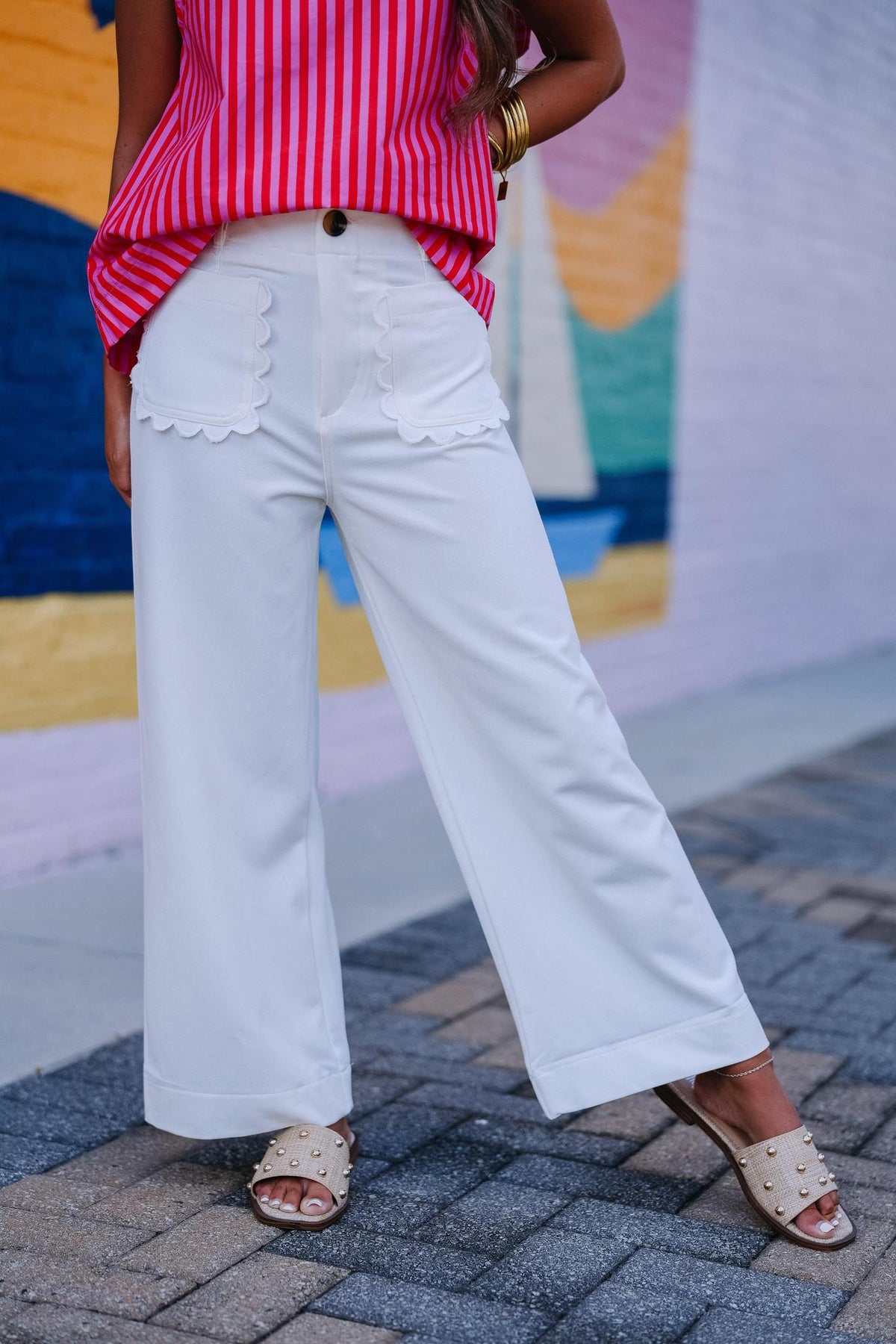 White Scalloped Pocket Wide Leg Pants