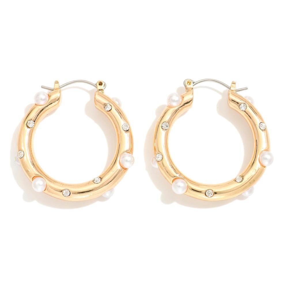 Pearl Rhinestone Gold Hoop