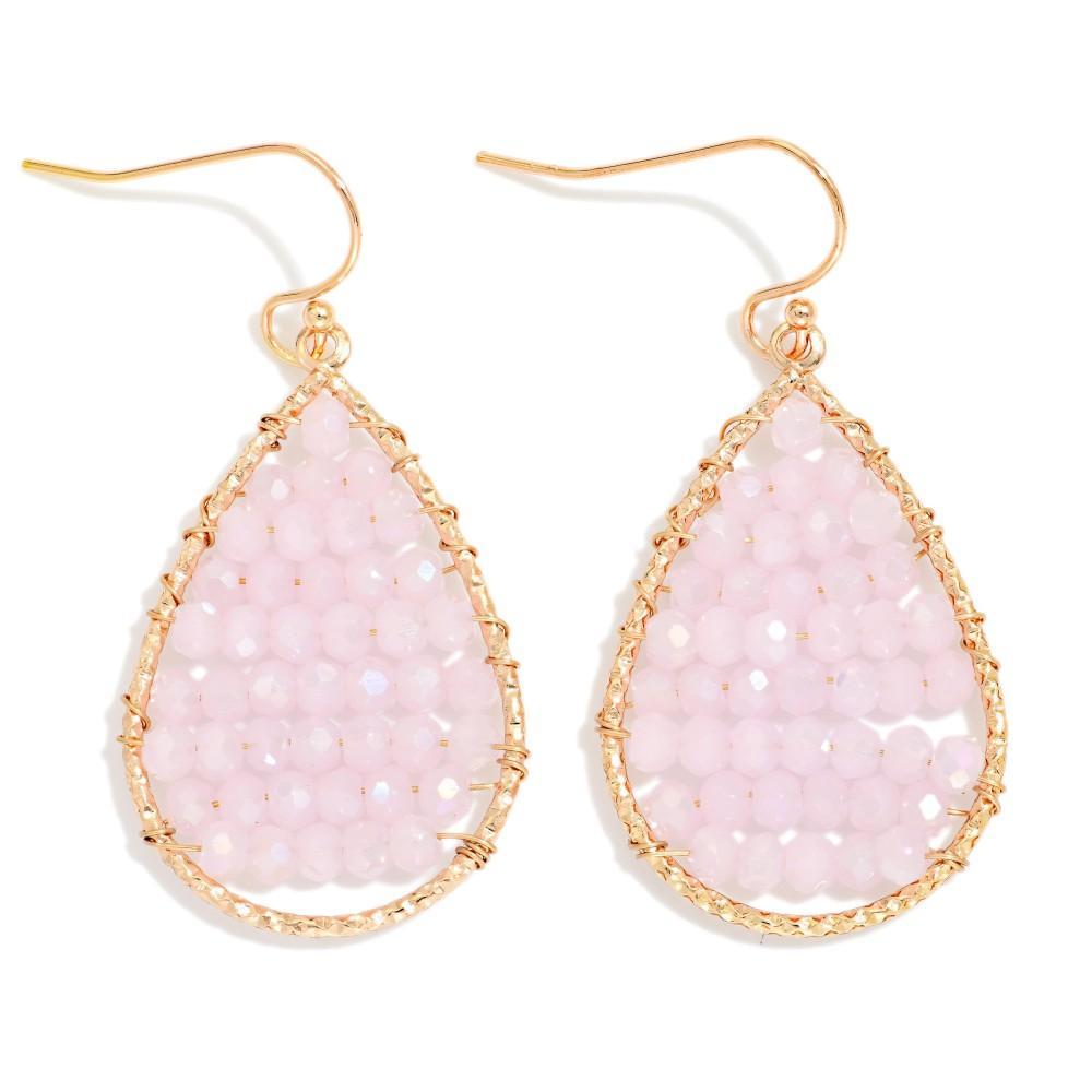 Pink Wire Wrapped Beaded Teardrop Earrings