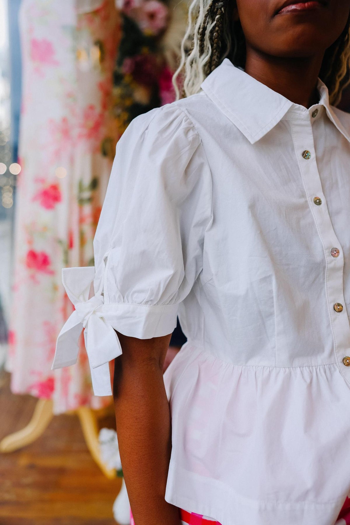 White Peplum Button Top
