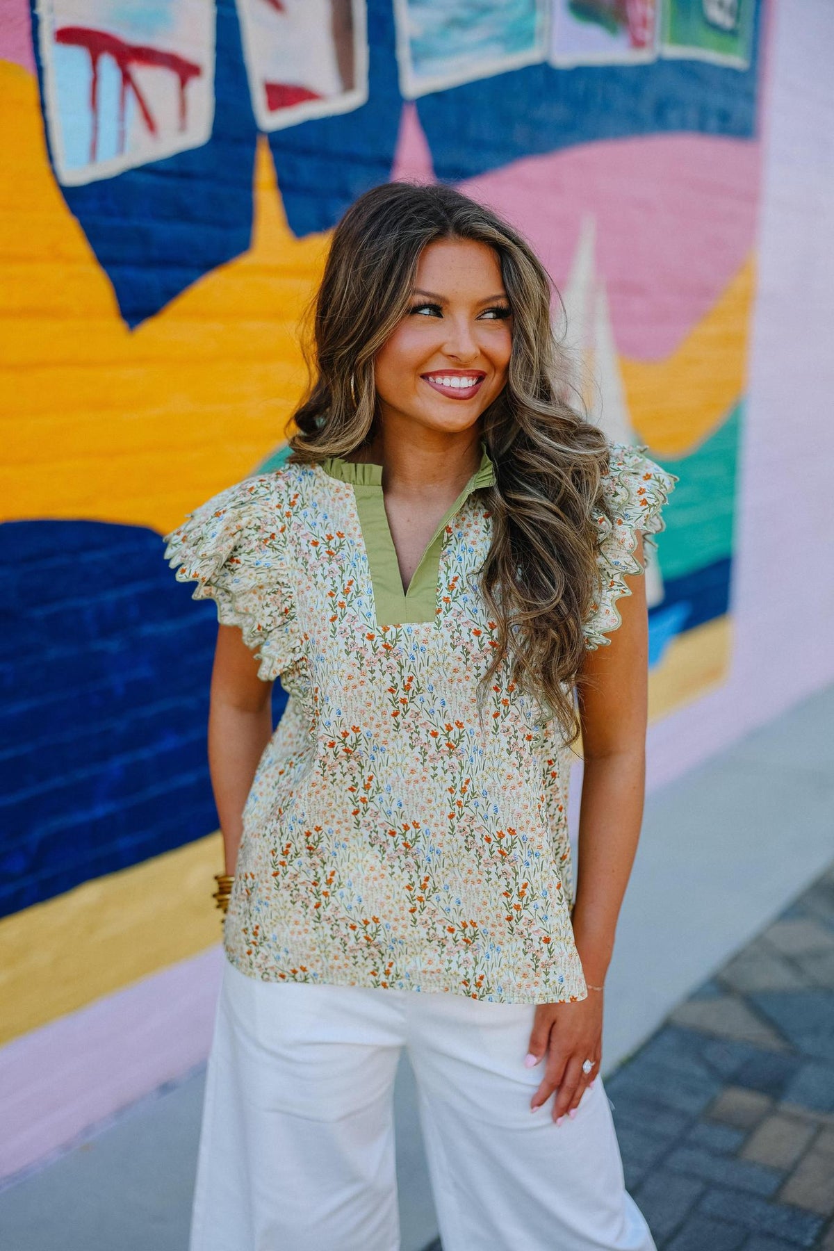 Green Floral Ruffle Sleeve Top