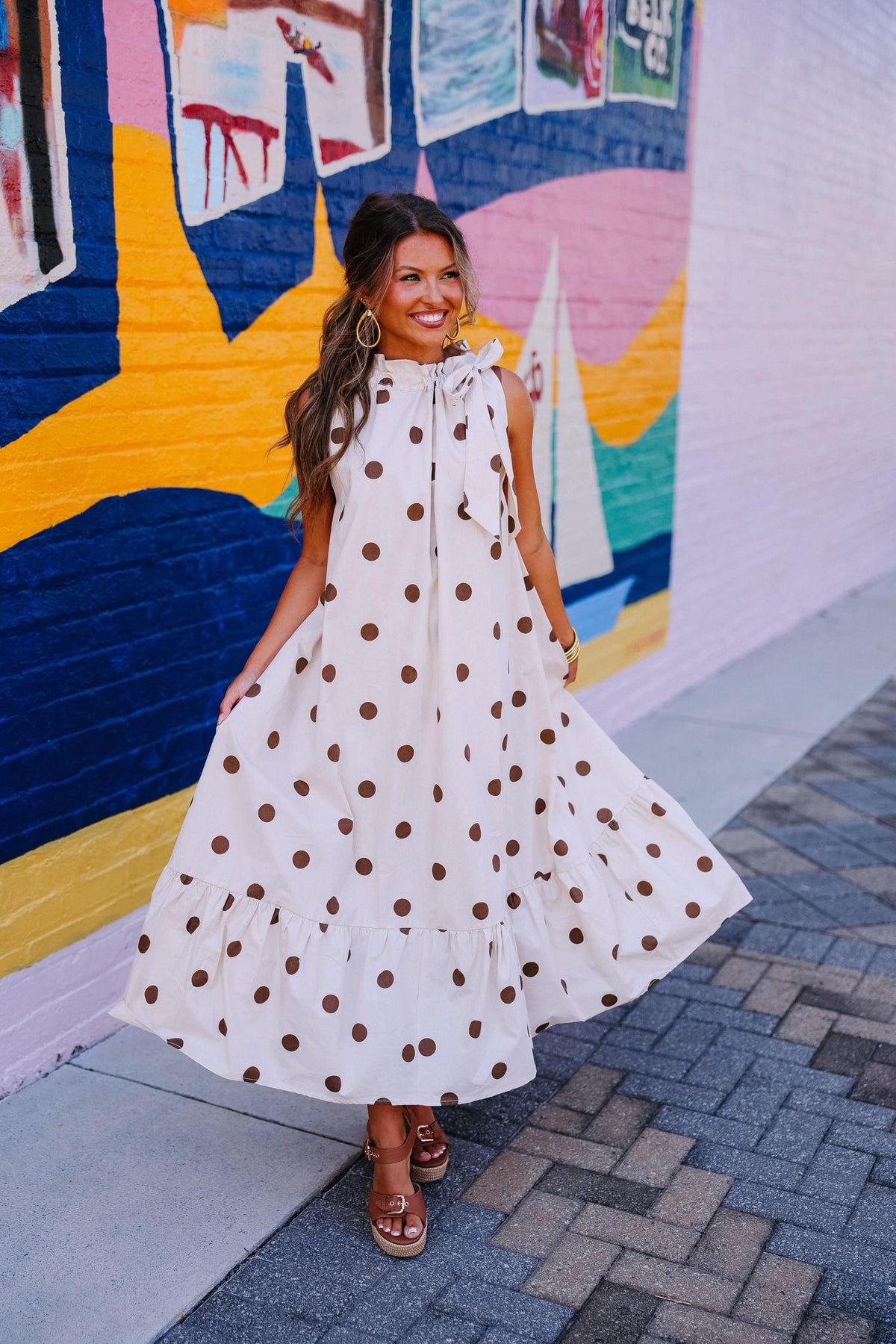 Cream & Brown Polka Dot Midi Dress