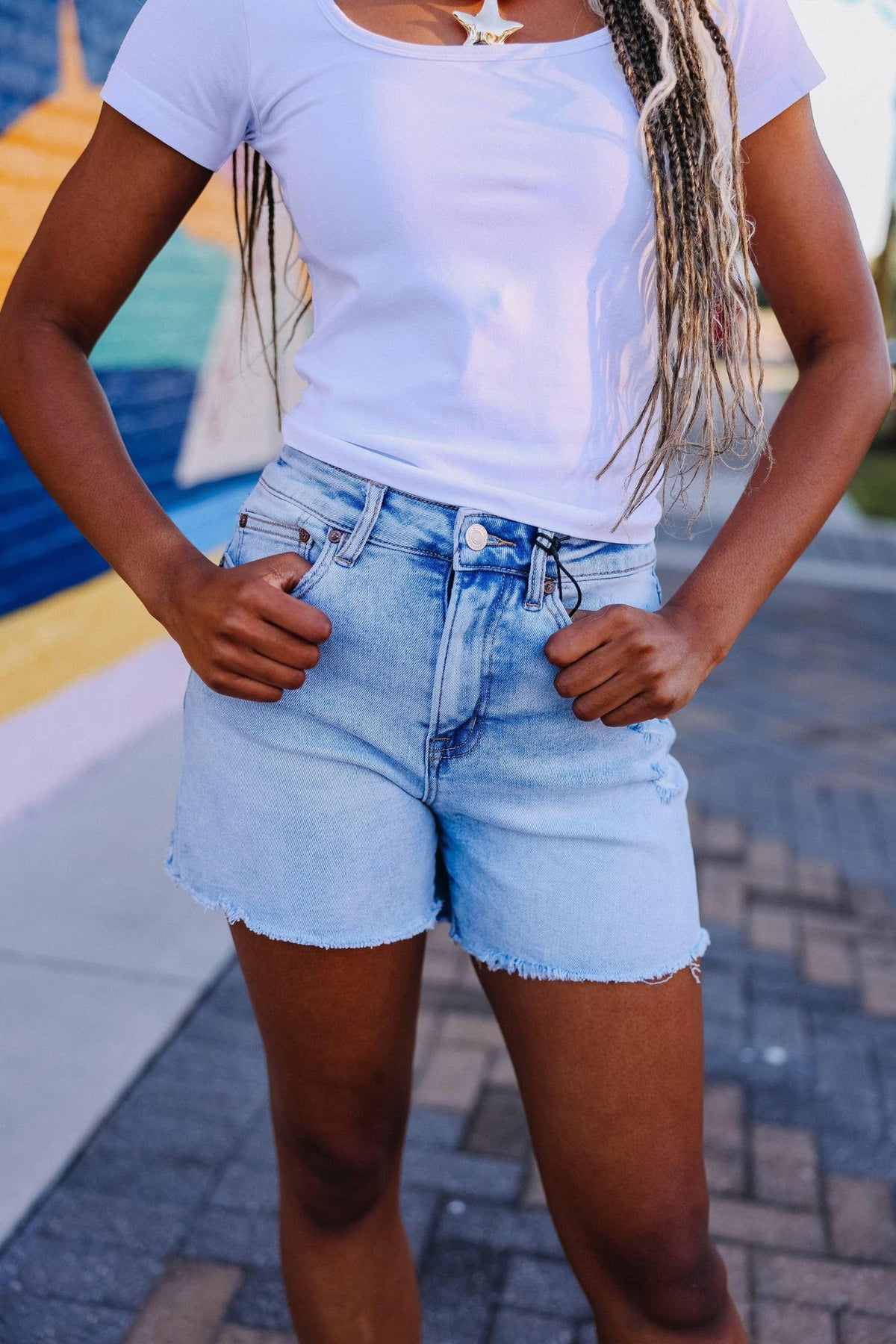 High Rise Light Denim Shorts