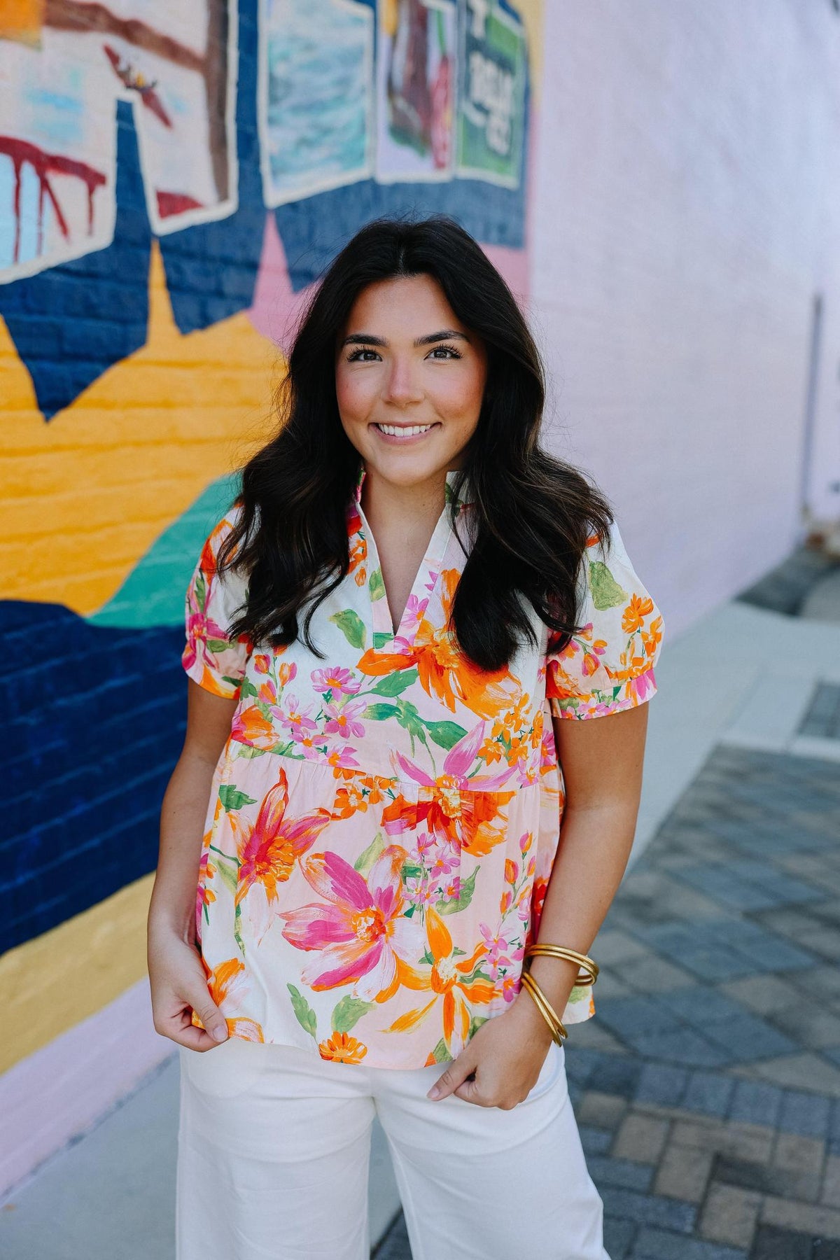 Ruffled V-Neck Puff Sleeve Print Top