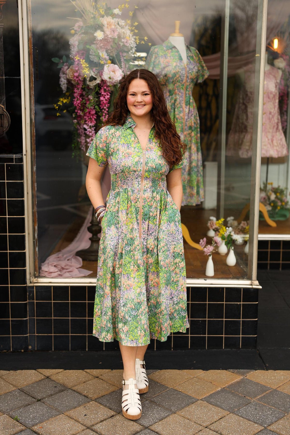 Women's Green Floral Zip Front Midi Dress