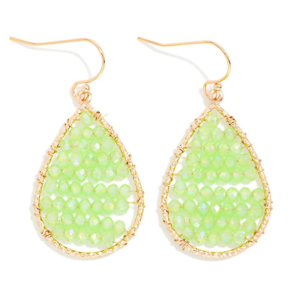 Green Wire Wrapped Beaded Teardrop Earrings