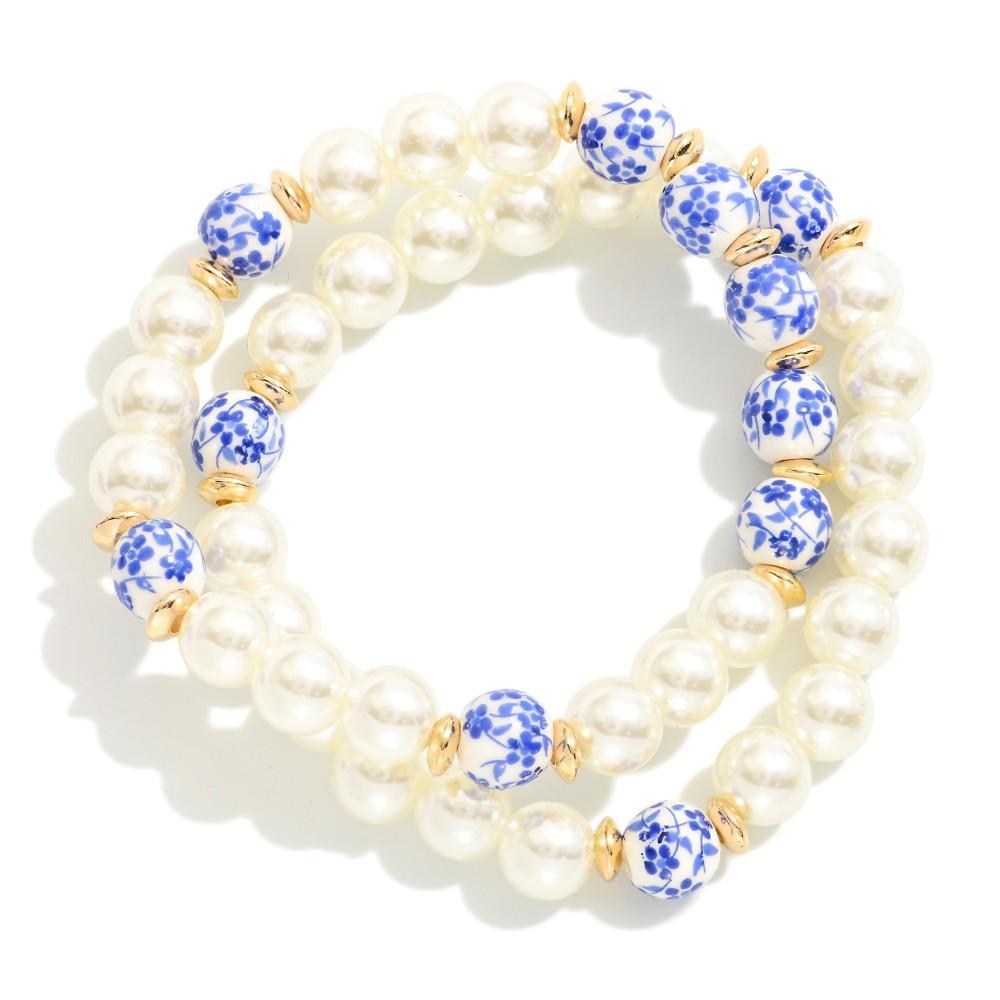 Pearl And Blue Floral Bracelet Set