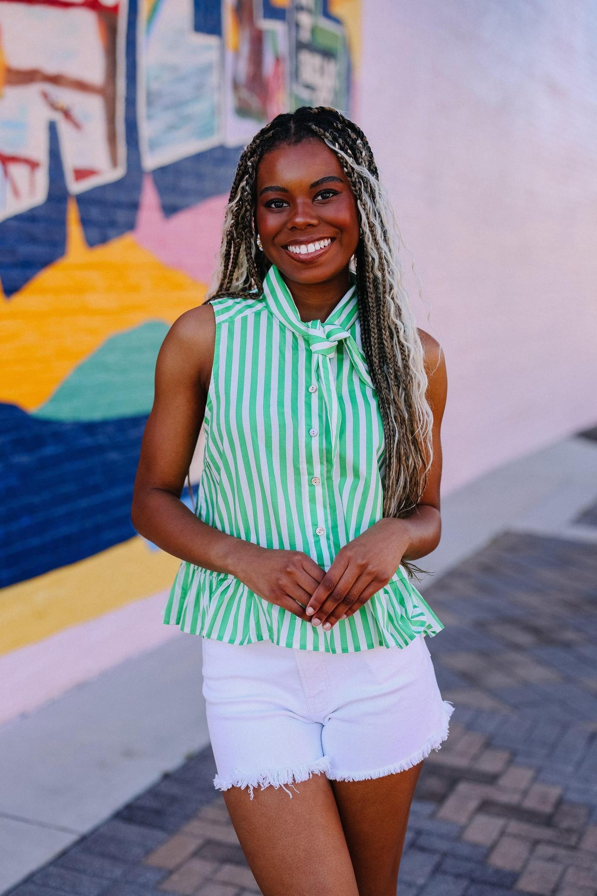 Green & White Tie Neck ButtonTop